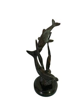 MCM SPI Gallery Metal Dolphins Sculpture Marble Base 8 Inch Tall